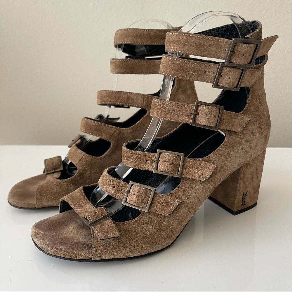 YSL Woman's Multi-strap heel Sandals Suede natural 6.5 - Picture 2 of 11